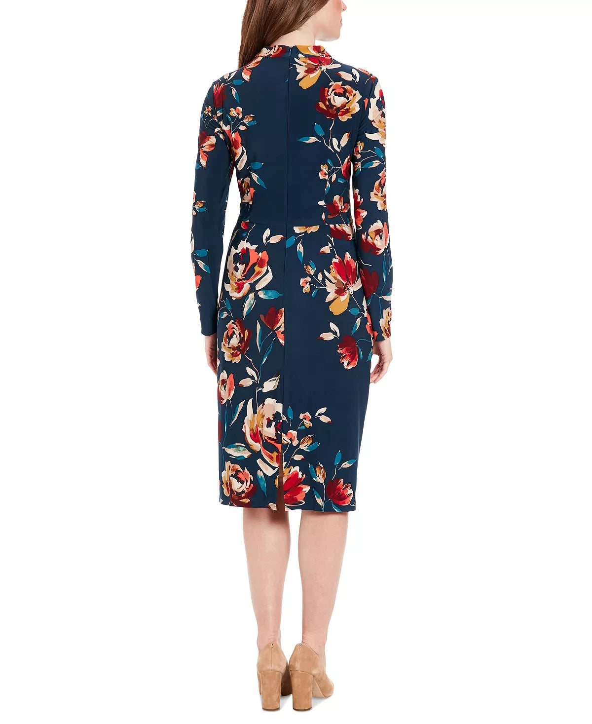 Draped-Neck Long-Sleeve Dress Teal Multi - London Times