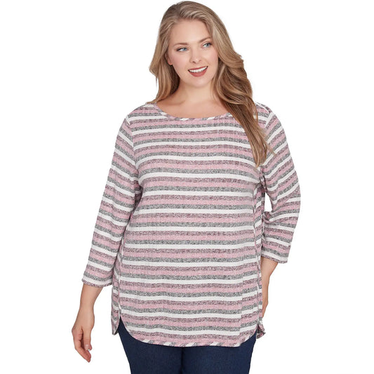 Plus Boat Neck Marled Striped Rib Knit Top Pomegranate  -Ruby Rd