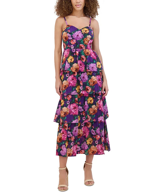 Printed Sweetheart-Neck Tiered-Ruffle Dress Purple Multi - Kensie