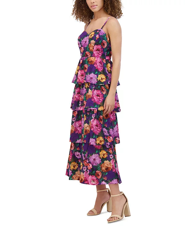 Printed Sweetheart-Neck Tiered-Ruffle Dress Purple Multi - Kensie