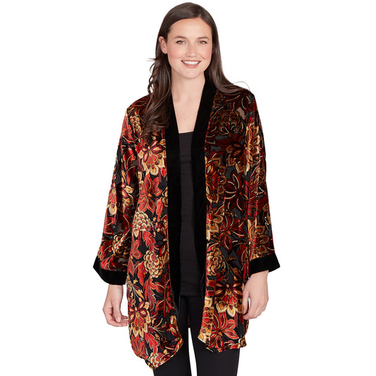 Printed Velvet Burnout Open Cardigan Cherry - Ruby Rd