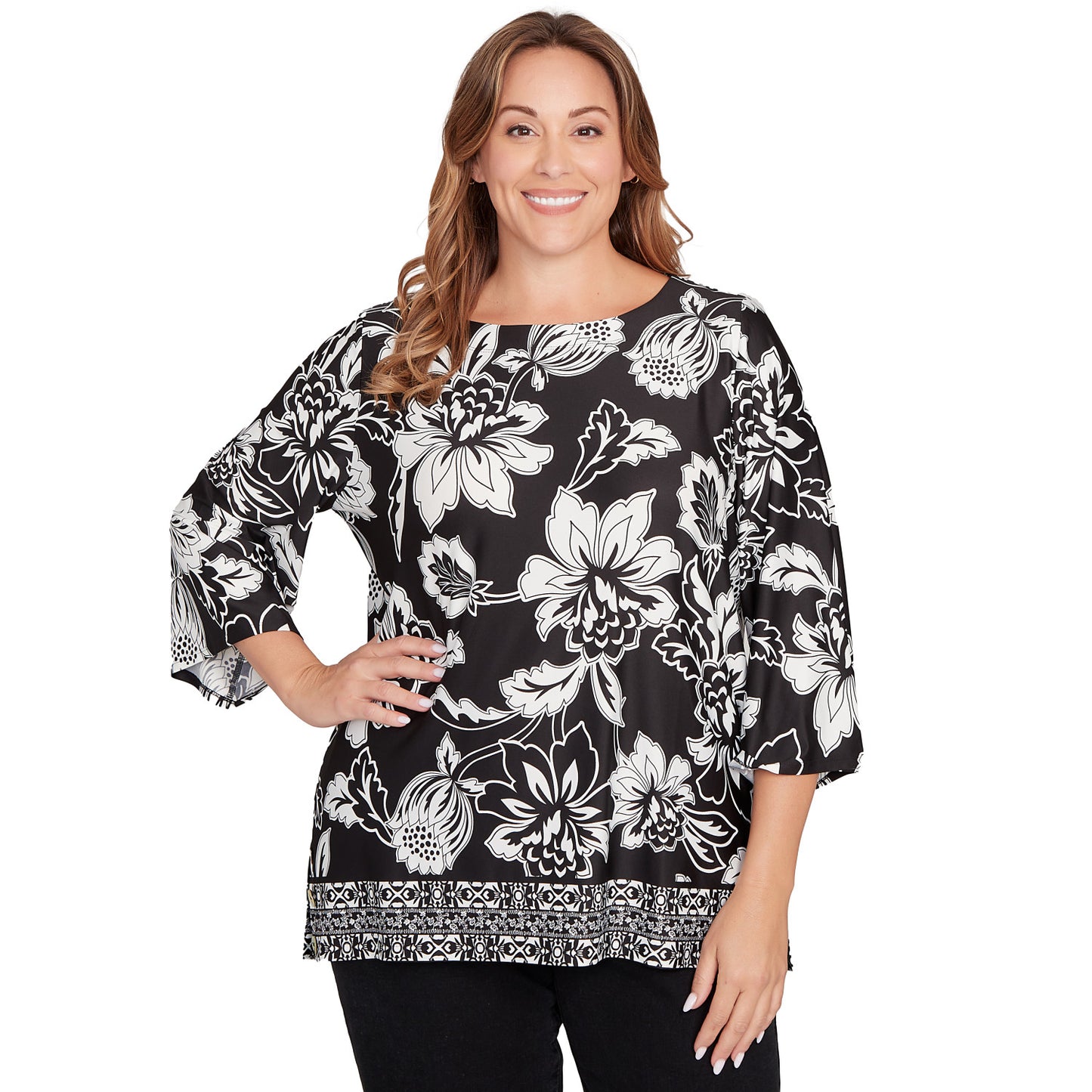 Plus Floral Geo Border Knit Top Black/White    - Ruby Rd