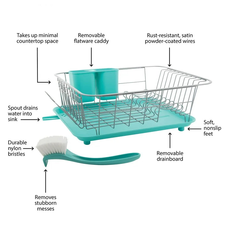 Compact Dish Rack with Frost Sink Brush, Teal