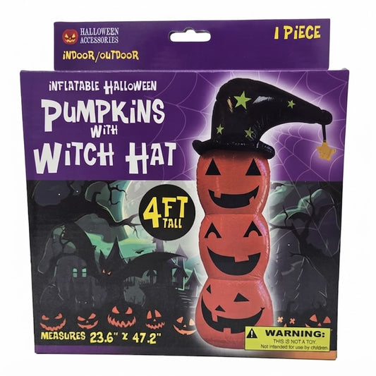 4' Inflatable Halloween Pumpkins with Witch Hat Indoor and Outdoor Decor