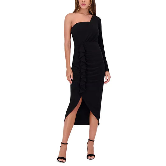 Ruffled One-Shoulder Midi Dress Black  - Siena