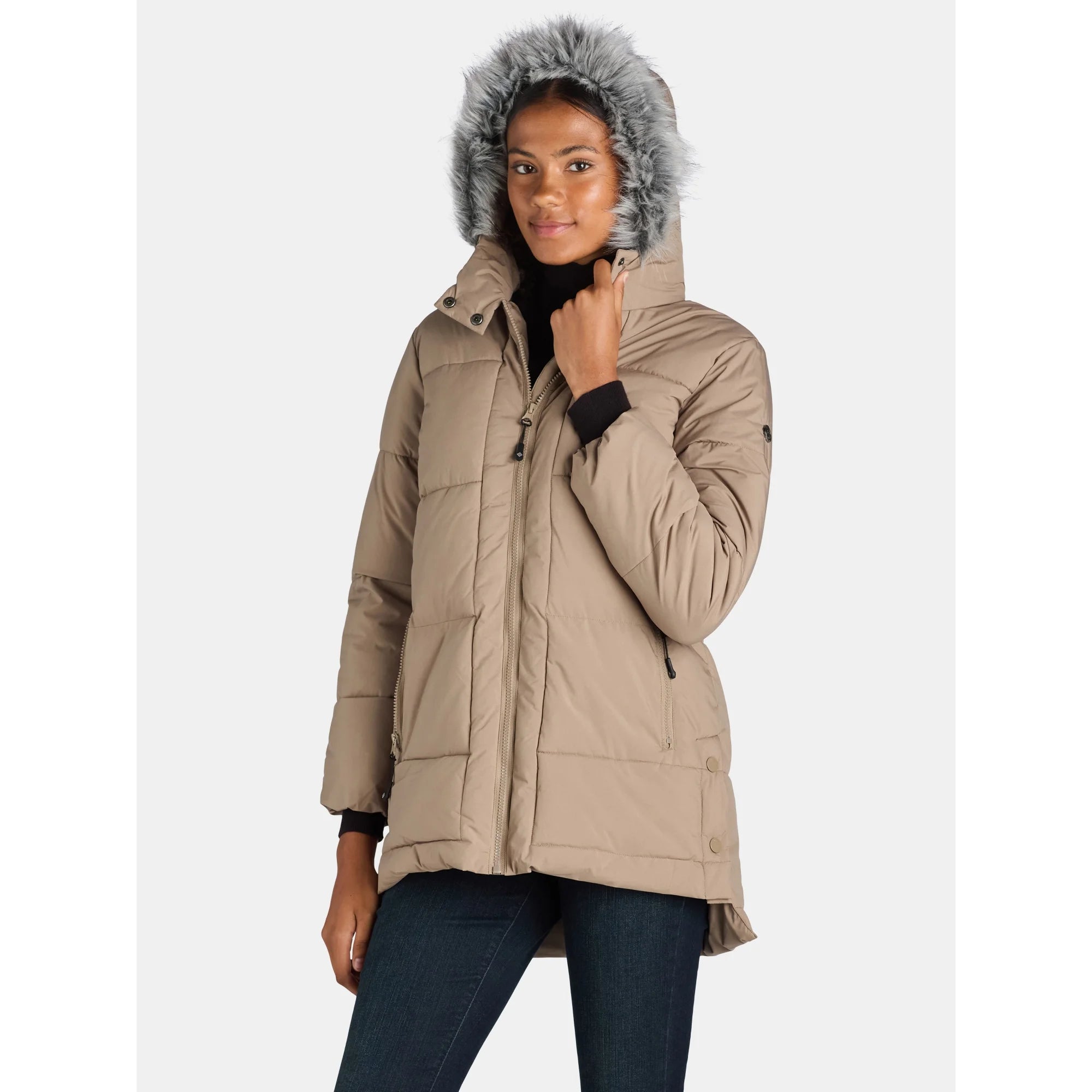 Timber Wolf Wide Quilted Puffer Coat with Faux Fur Trim Hood Grey