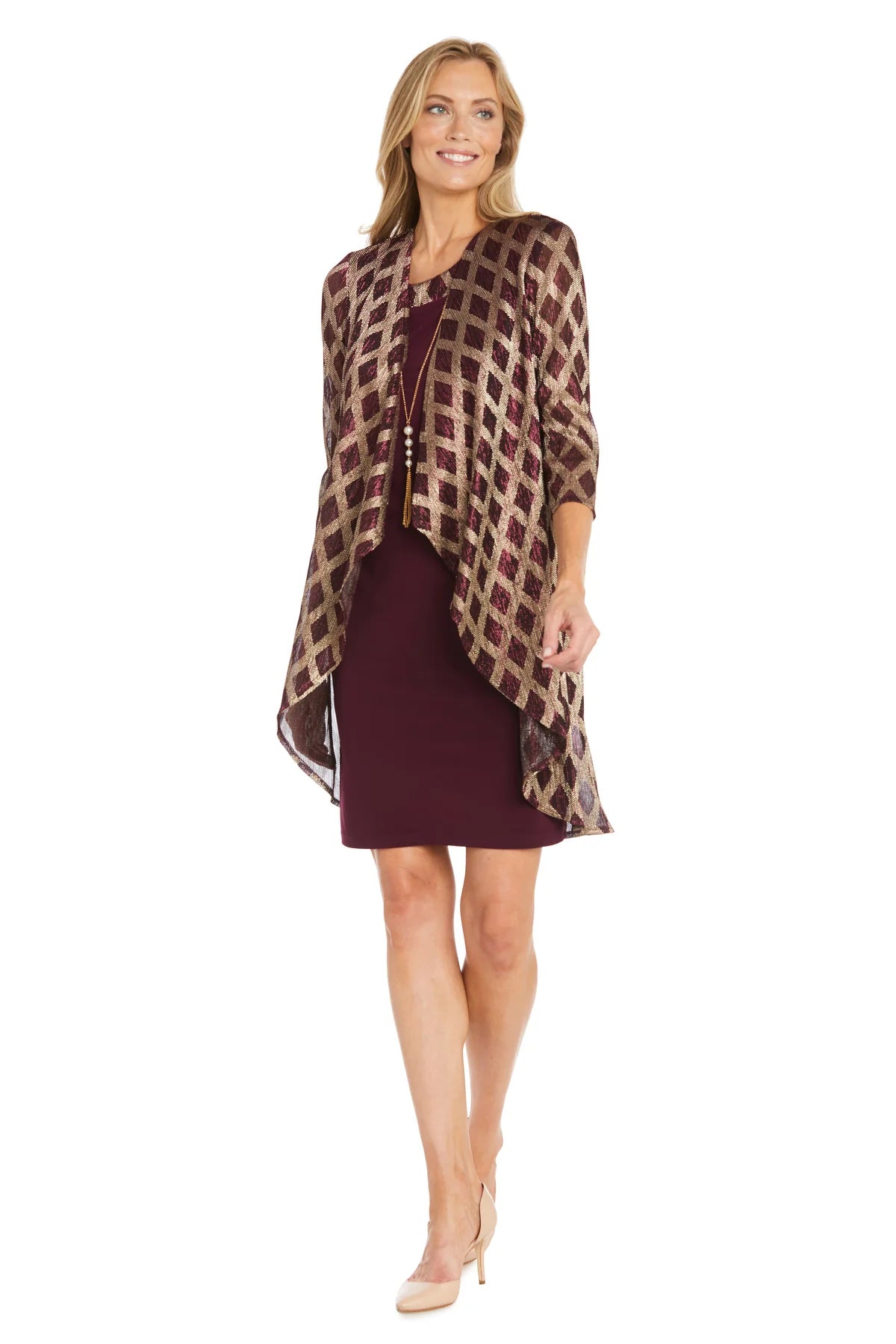 Metallic Flyaway Jacket Dress Merlot / Gold  -  RM Richards