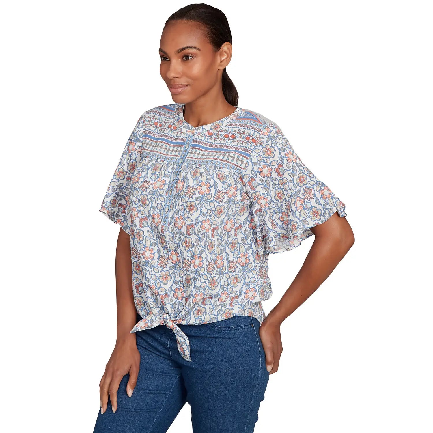 Vintage Floral Tie Front Henley Tee Blueberry - Ruby Rd