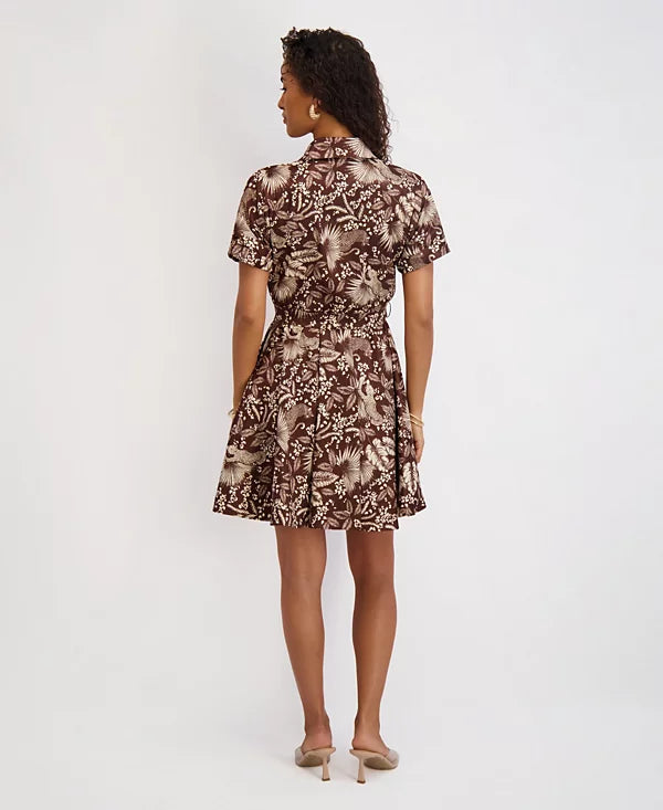 Floral Print Textured Stretch Taffeta Shirt Dress Choco Multi  - Kensie