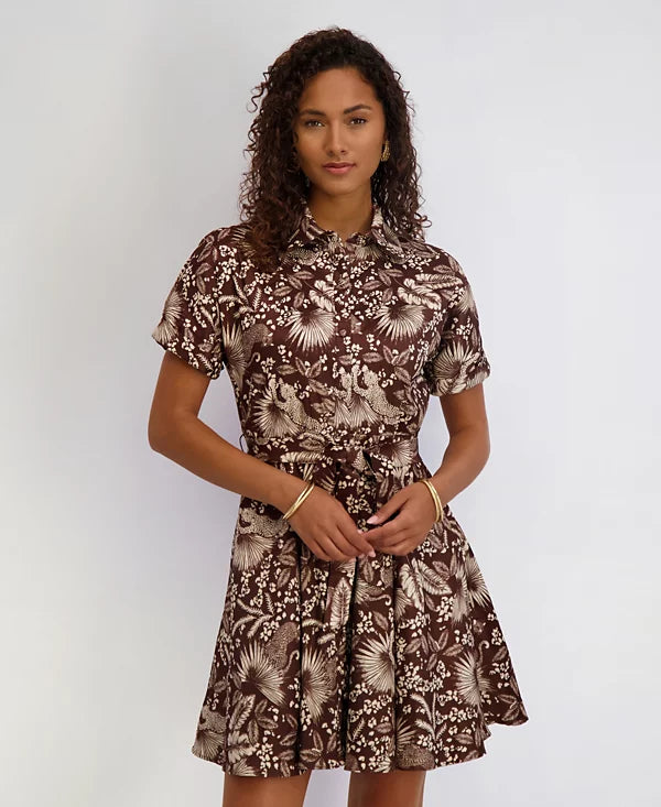 Floral Print Textured Stretch Taffeta Shirt Dress Choco Multi  - Kensie