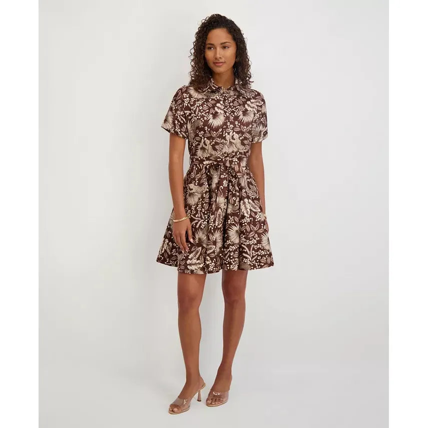 Floral Print Textured Stretch Taffeta Shirt Dress Choco Multi  - Kensie
