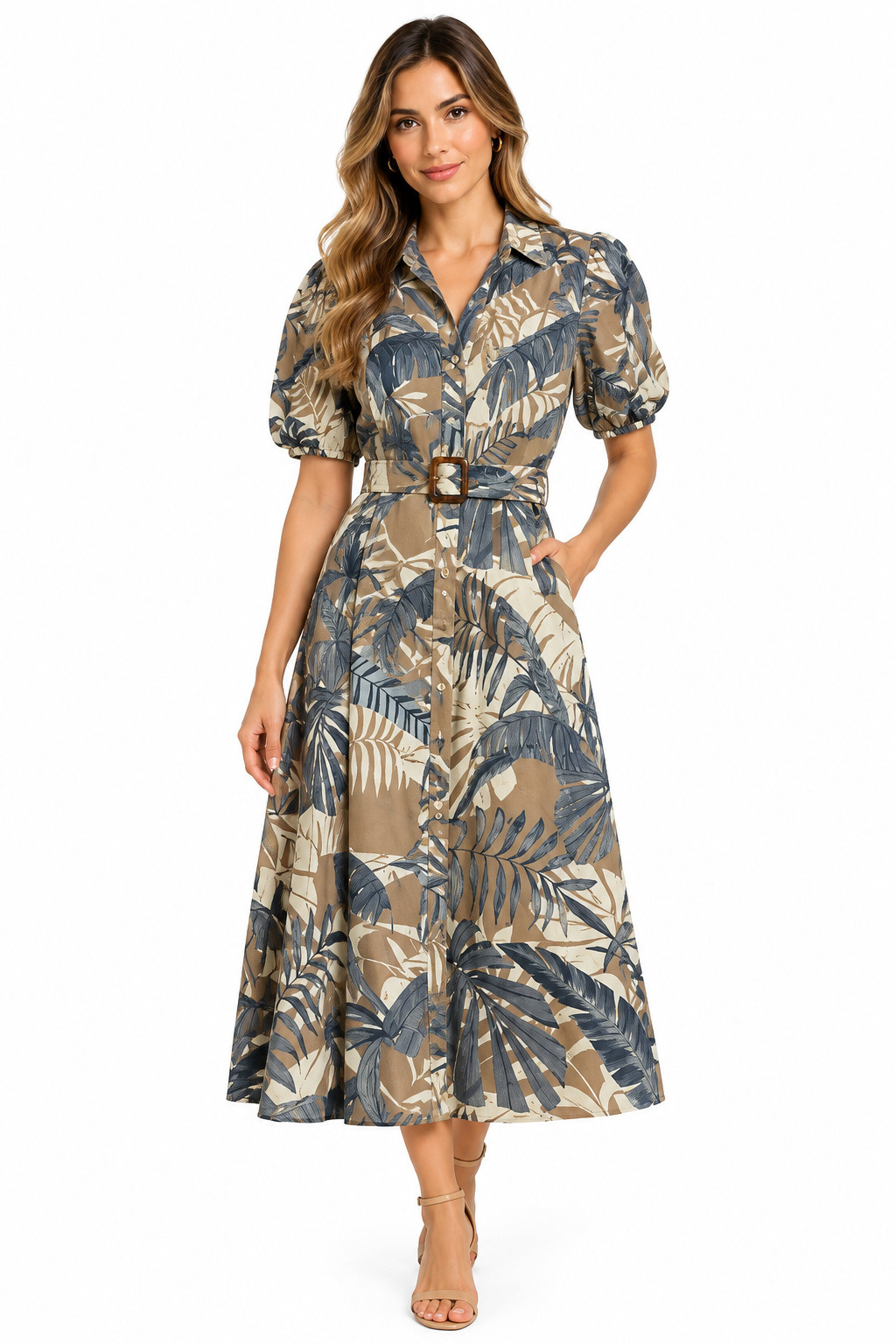 Puff Sleeves Printed Cambric Button Down Maxi Dress Blue / Tan