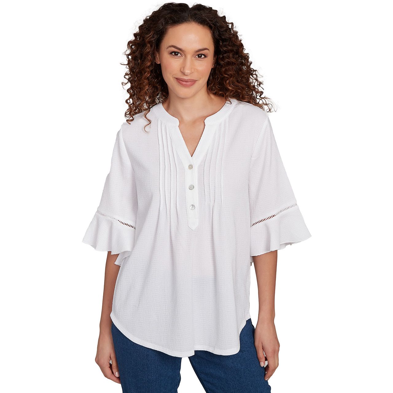 Top White 3/4 Sleeve Pleated Front  - Ruby Rd