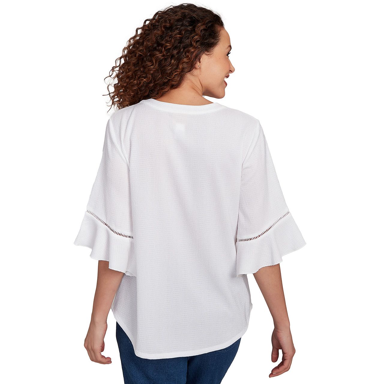 Top White 3/4 Sleeve Pleated Front  - Ruby Rd
