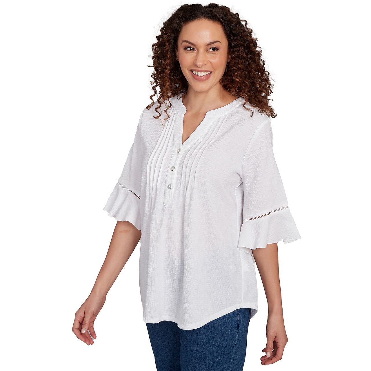 Top White 3/4 Sleeve Pleated Front  - Ruby Rd