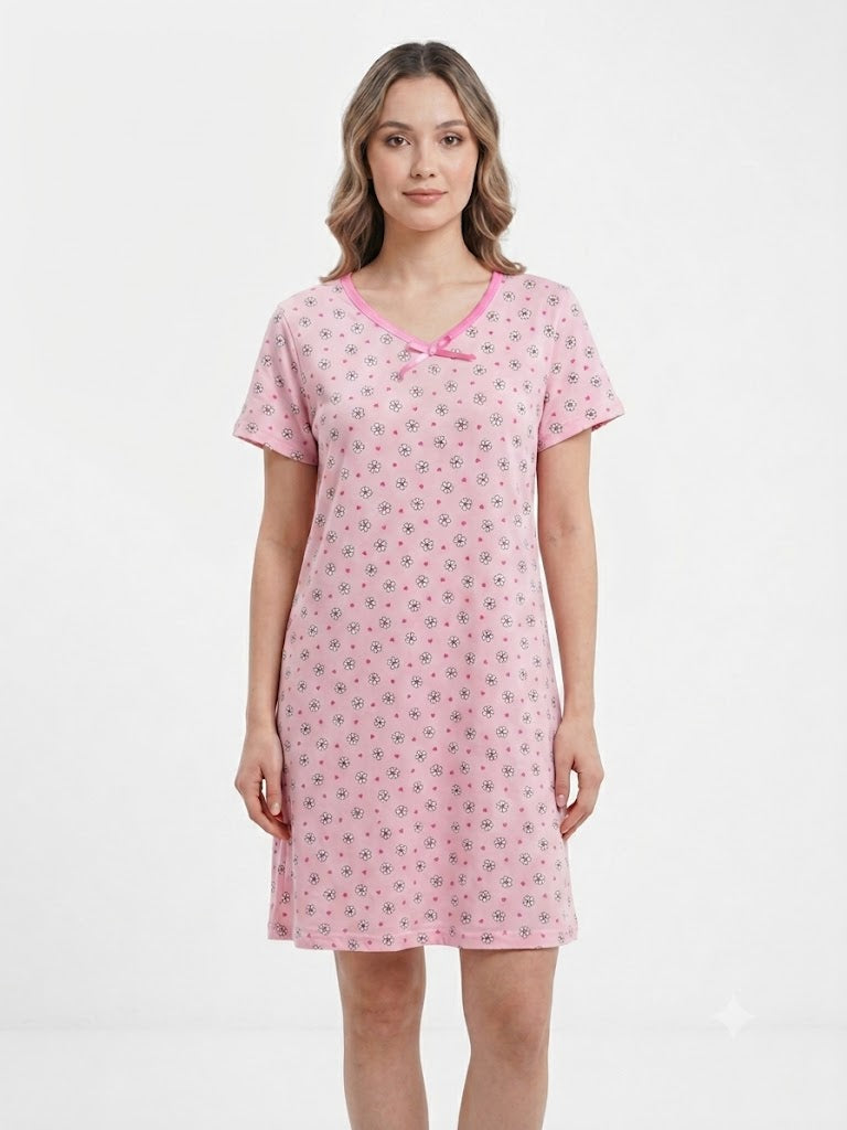 Ladies  V-Neck Nightgown FLOWERS PINK