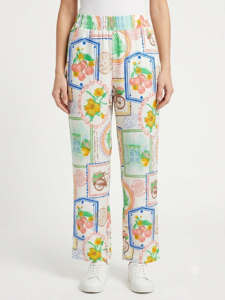 Floral and Fruit Print Trousers - White-Green- Ninety