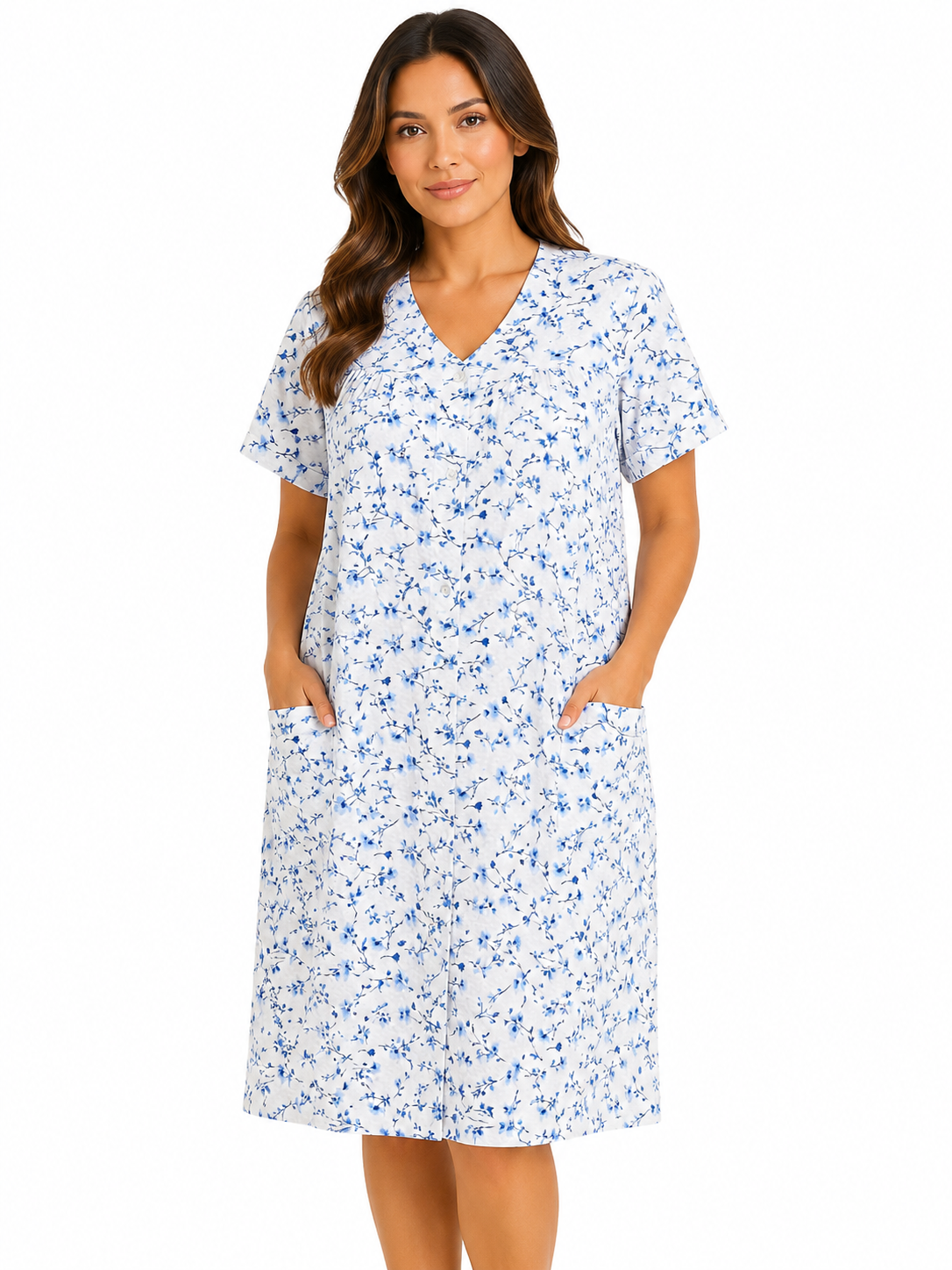 Ladies Trapunto Duster w /  Snaps & Pockets , Floral Blue