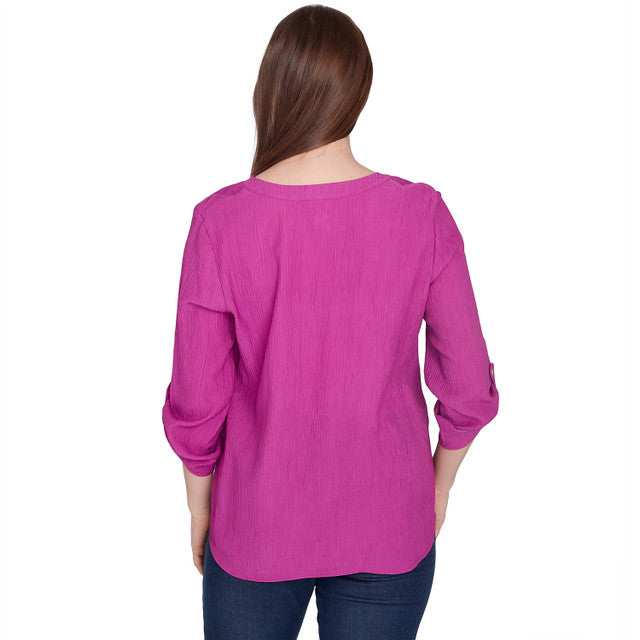 Solid Luxe Roll Tab Sleeve Top Dahlia- Ruby Rd