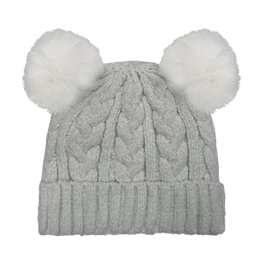 DOUBLE FAUX FUR POM CABLE BEANIE GREY