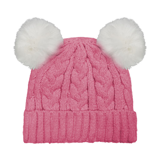 DOUBLE FAUX FUR POM CABLE BEANIE PINK