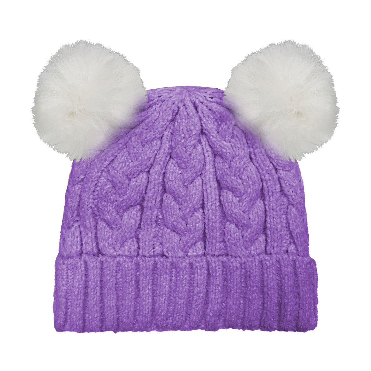 DOUBLE FAUX FUR POM CABLE BEANIE PURPLE