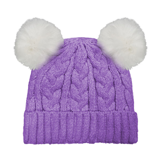 DOUBLE FAUX FUR POM CABLE BEANIE PURPLE