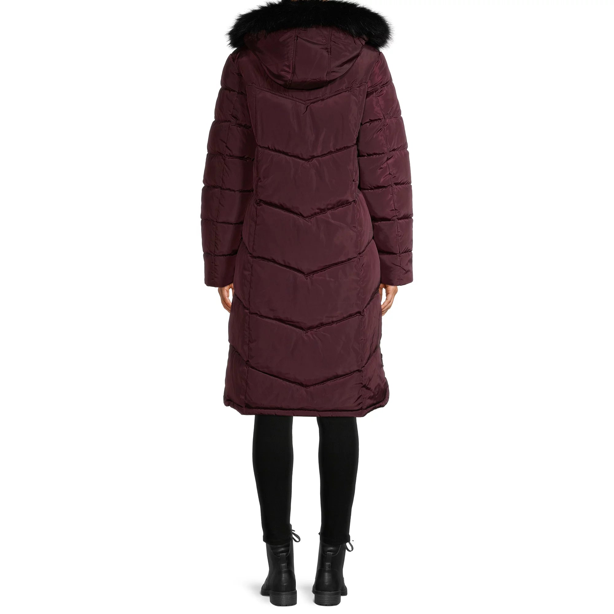 Chevron Quilted Maxi Coat with Faux Fur Hood Figc