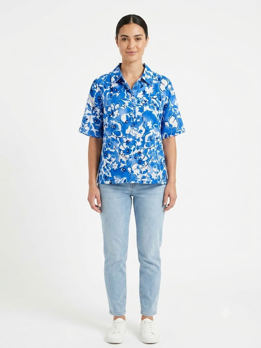 Blouse Print White-Blue - Ninety