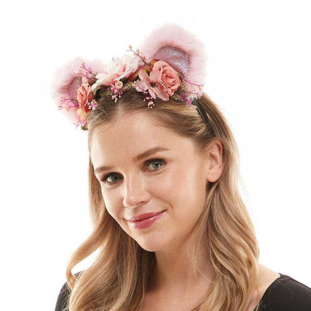 Pink Bear Floral Headband