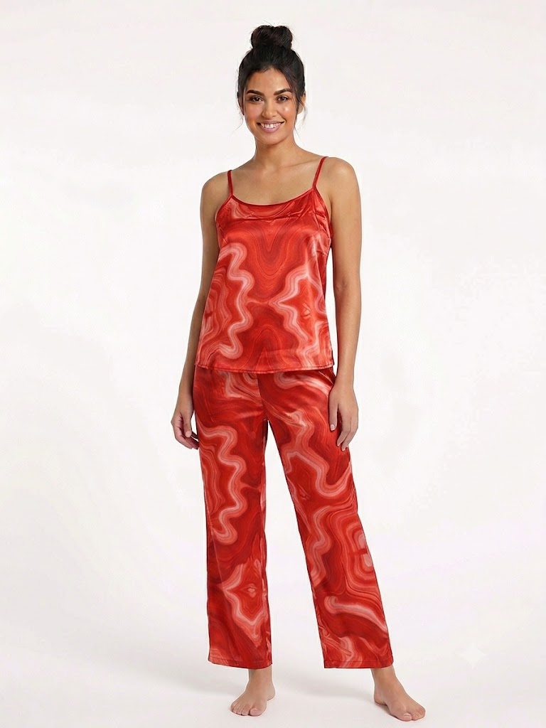 Ladies 2PC Satin Cami / Pants PJ Set Red