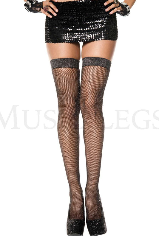 Spandex shimmery fishnet thigh hi Black/Silver