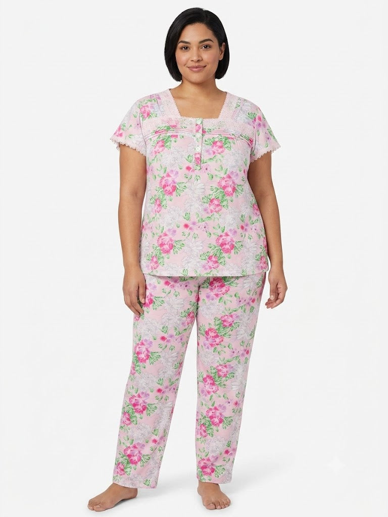 Plus Ladies  2PC Top / Pant Pj Set, Floral Pink