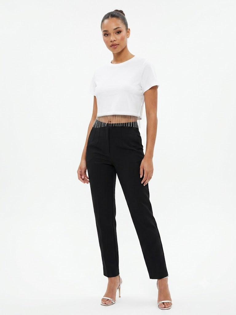 Cropped T-Shirt w/Rhinestone & Shop bead White