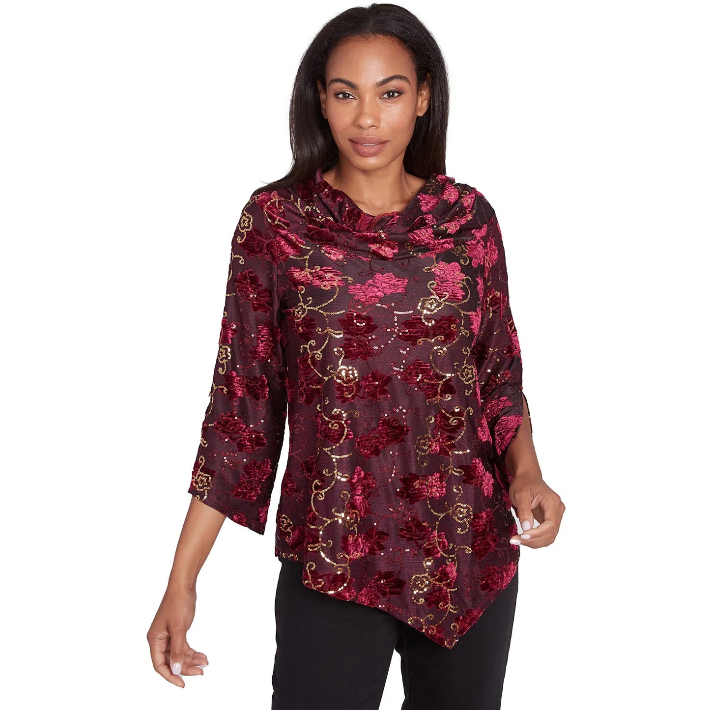 Iridescent Sequin Velvet Floral Cowl Neck Top  Beet Multi - Ruby Rd