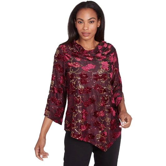 Iridescent Sequin Velvet Floral Cowl Neck Top  Beet Multi - Ruby Rd