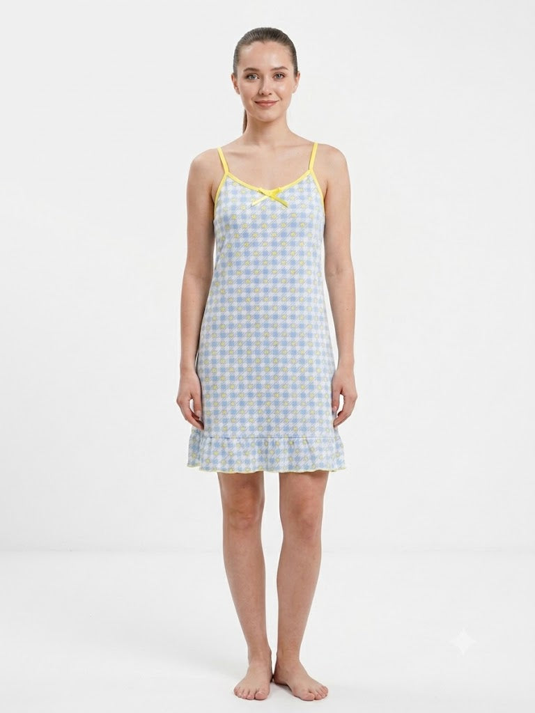 Ladies Chemise w / ADJ Straps Prints FLOWERS-YELLOW-BLUE
