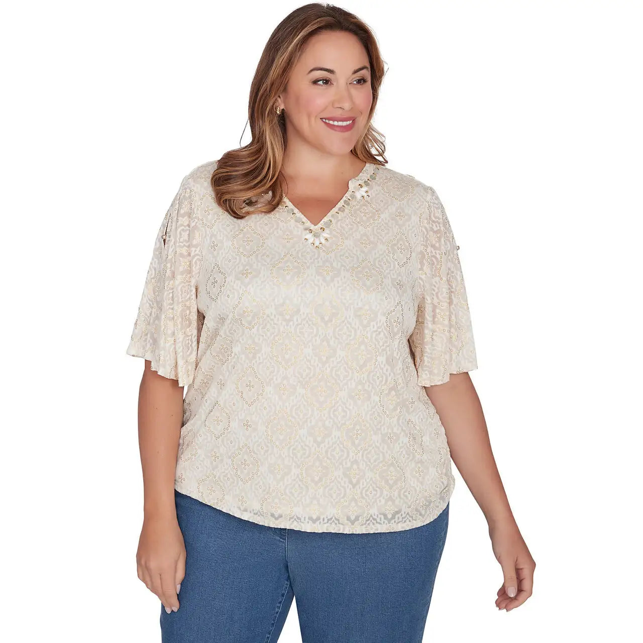 Plus Foil Printed Burnout Knit Top Ivory - Ruby Rd