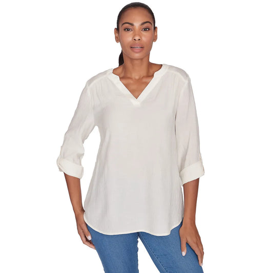Solid Luxe Roll Tab Sleeve Top Ivory - Ruby Rd