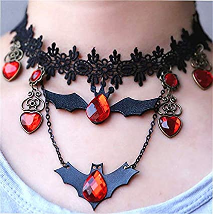 Black Bat Choker Necklace with Red Jewels