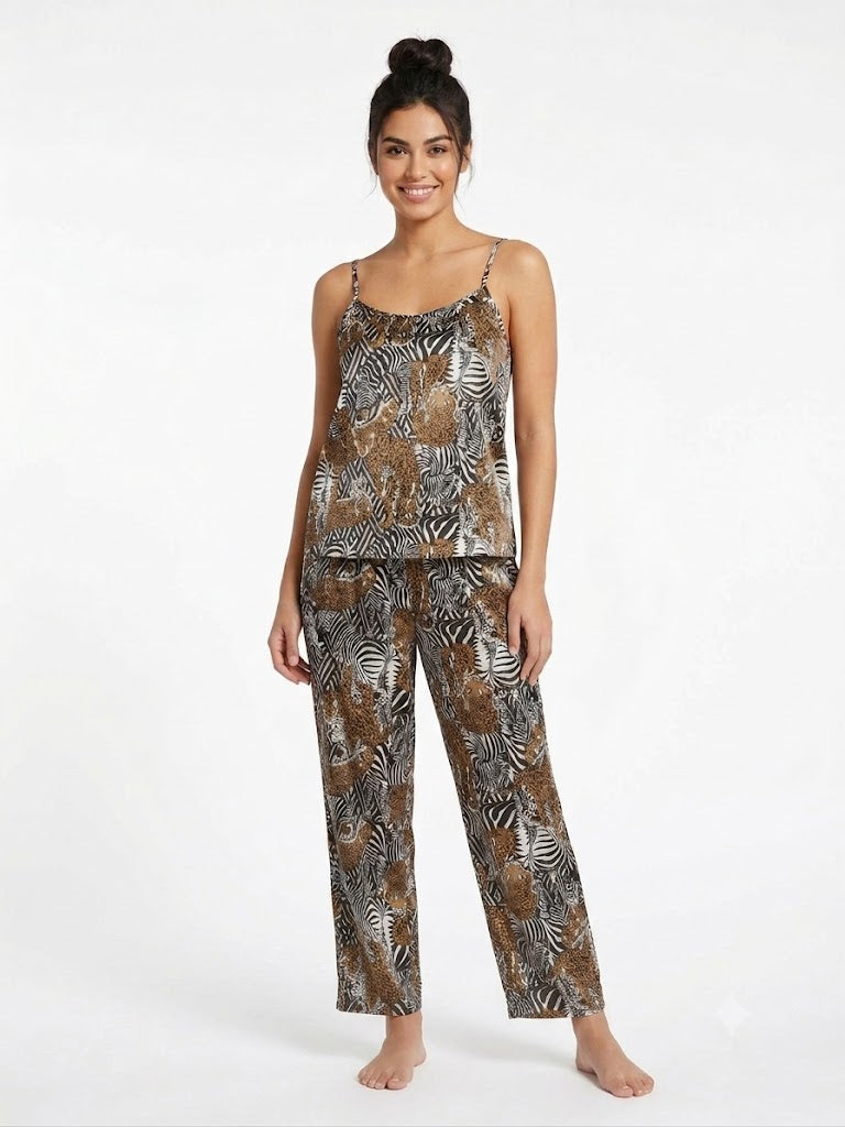 Ladies 2PC Satin Cami / Pants PJ Set Leopard-Zebra