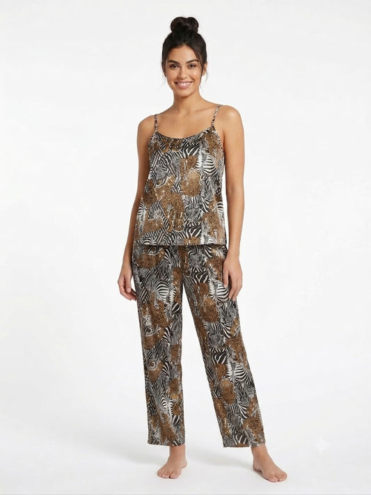 Ladies 2PC Satin Cami / Pants PJ Set Leopard-Zebra