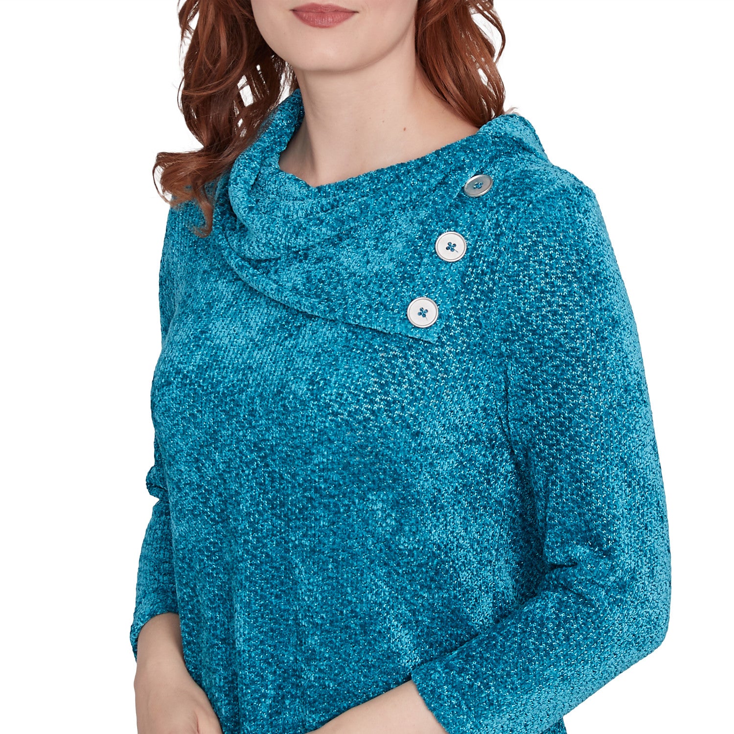 Split Cowl Neck Chenille Shine Knit Top Jade - Ruby Rd