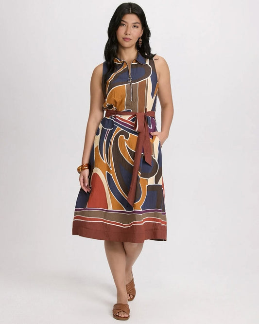 Sleeveless Zip-Front Geo Printed Dress
