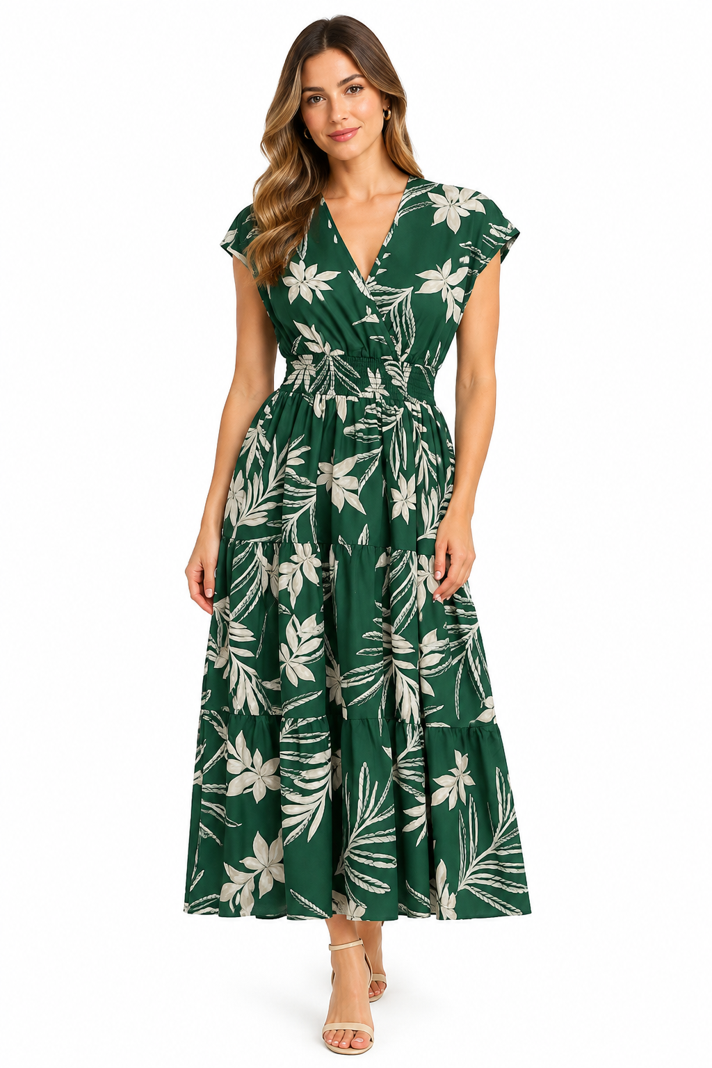 Sleeves Neck Printed Cambric Tier Maxi Dress Green