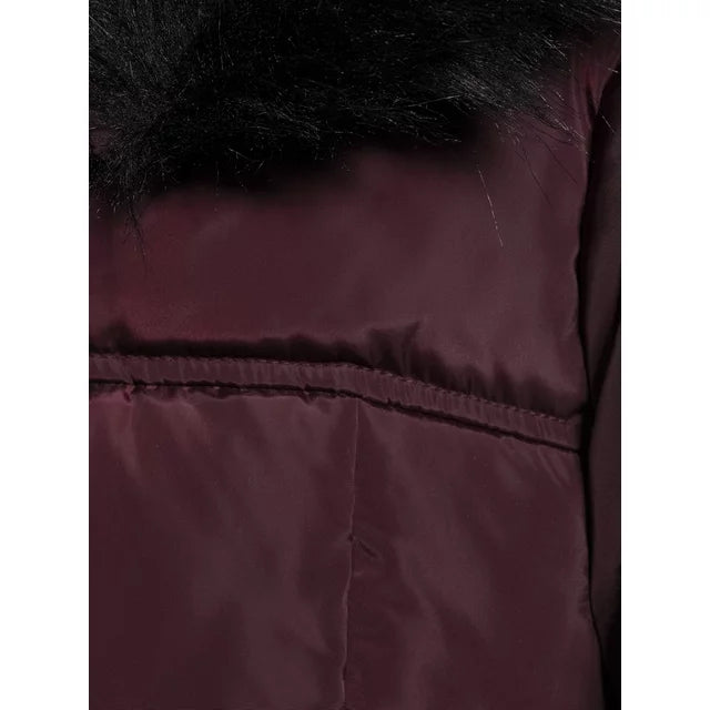 Chevron Quilted Maxi Coat with Faux Fur Hood Figc
