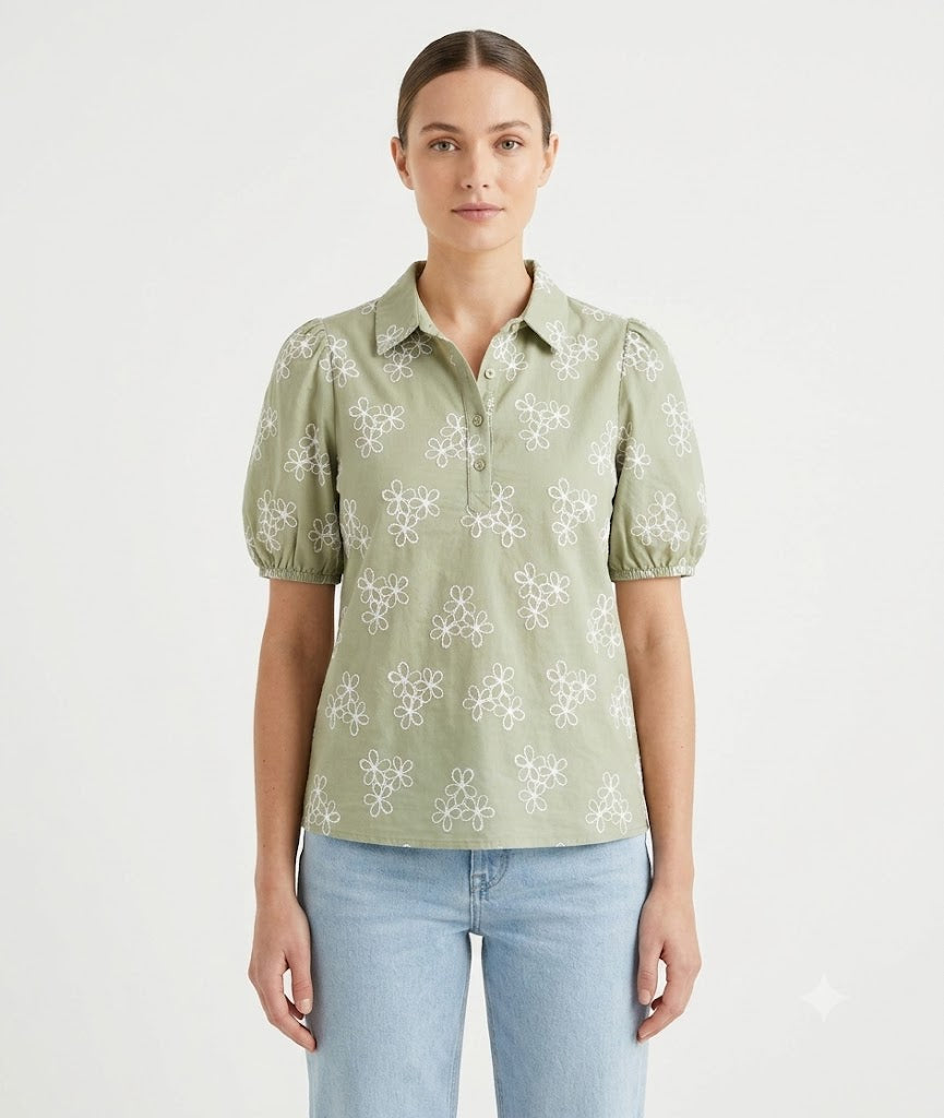 Embroidered Puff Sleeve Polo Sage