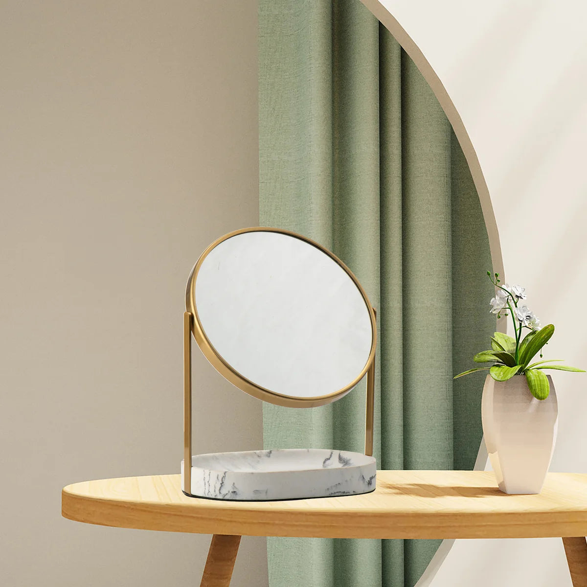 Aged Brass - 8" Modern Marble 360 Rotation Tabletop Vanity Mirror 1X/5X