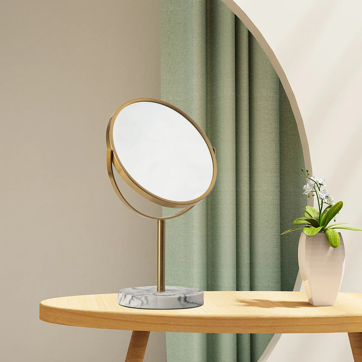Aged Brass - 8" Marble Classic 360 Rotation Tabletop Vanity Mirror 1X/5X