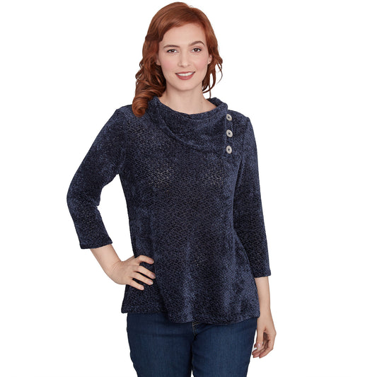 Split Cowl Neck Chenille Shine Knit Top Navy - Ruby Rd